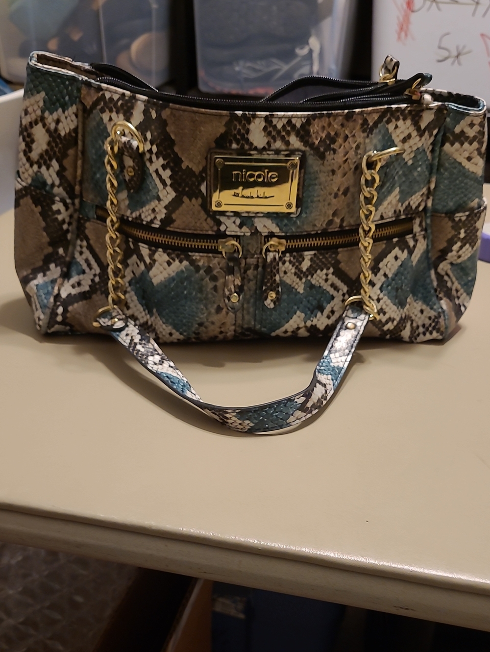 Nicole By Nicole Miller Teal and Tan Faux Snakeskin Shoulder Bag.